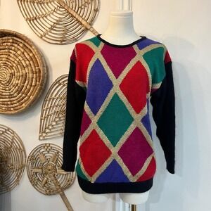 Vintage Argyle Sweater Colorblock Silk Blend Metallic Knit 90s Preppy S